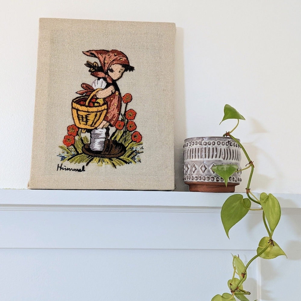 Vintage Hummel Embroidery Crewel Needlepoint 8x10 Wall Art Apple Tree Girl